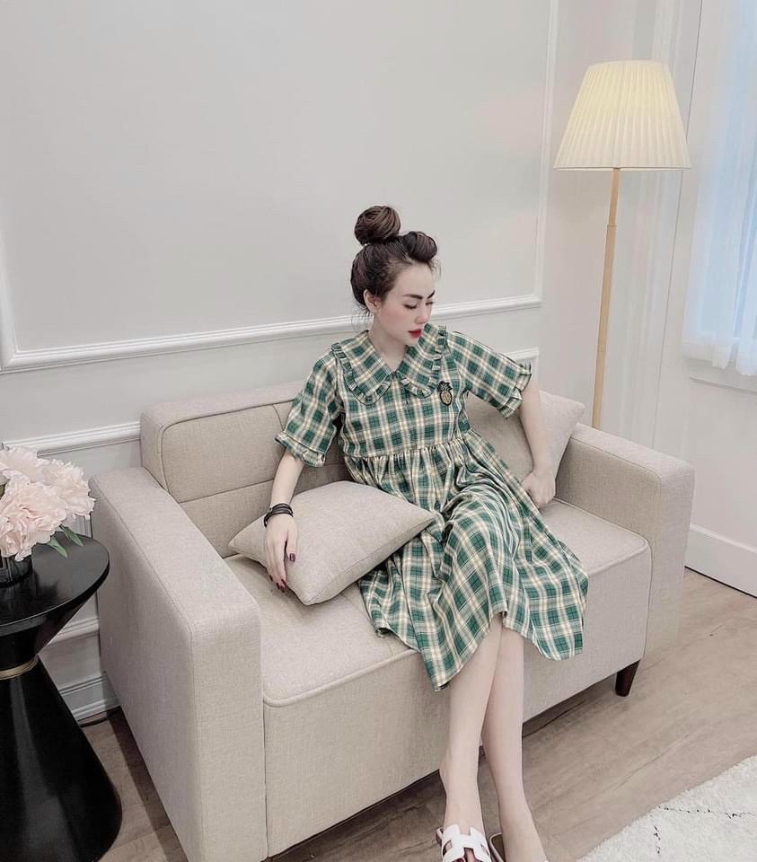 Váy kẻ thêu quả dứa cổ bẻ dáng babydoll fom rộng