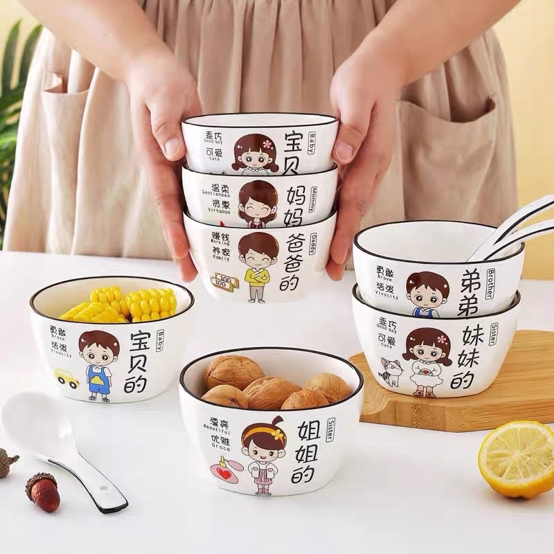 Bộ 4 chén ăn cơm hình gia đình phong cách Nhật Bản decor trang trí