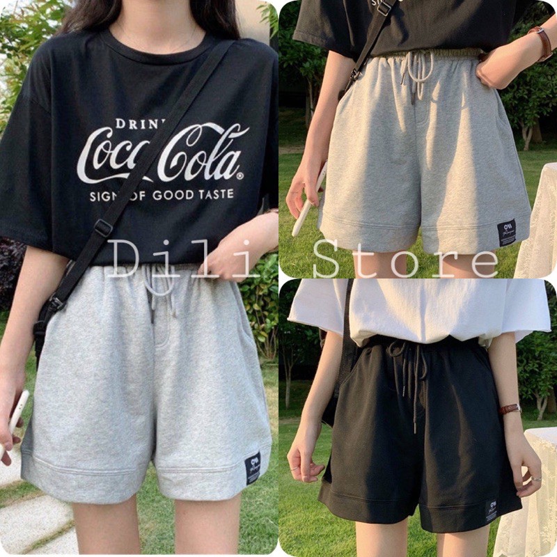 Quần đùi nữ 🍍 Quần Đùi Dáng Hàn In Logo Unisex 🍍 FREESHIP 🍍Quần Short Ống Rộng Dây Rút Chất Chân Cua 2 Màu đen và xámmmm