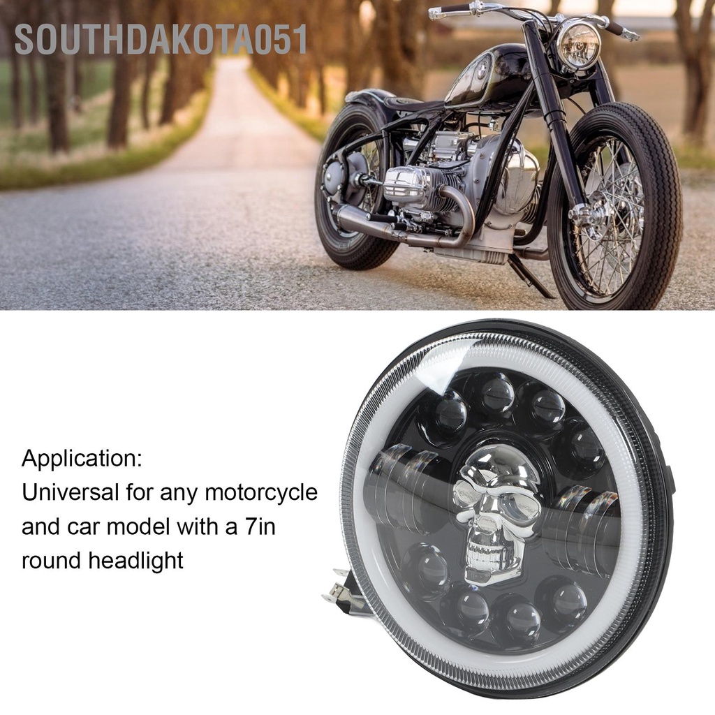 Southdakota051 Đèn pha xe máy 7in LED Angel Eye Headlight Mẫu đầu lâu Ánh sáng trắng Chống thấm nước Sửa đổi phổ quát