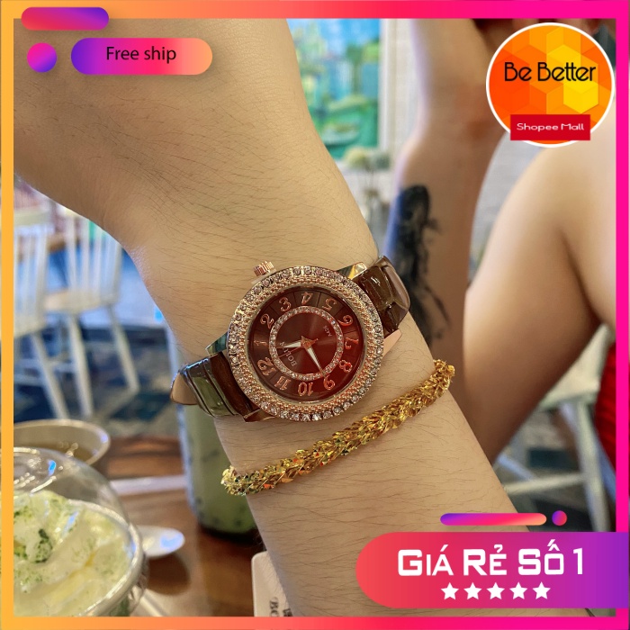 Đồng hồ  Nữ ❤️Bolun❤️ dây da mặt vuông đính hạt sang trọng rẻ nhất HCM