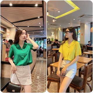 Áo sơ mi nữ form rộng cổ vest cộc tay 7 màu chất mát không nhăn