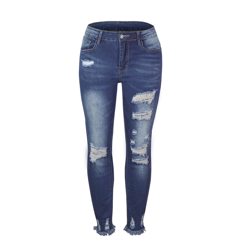 Quần Denim Lưng Cao Thiết Kế Rách Cá Tính Phong Cách Retro Cho Nữ