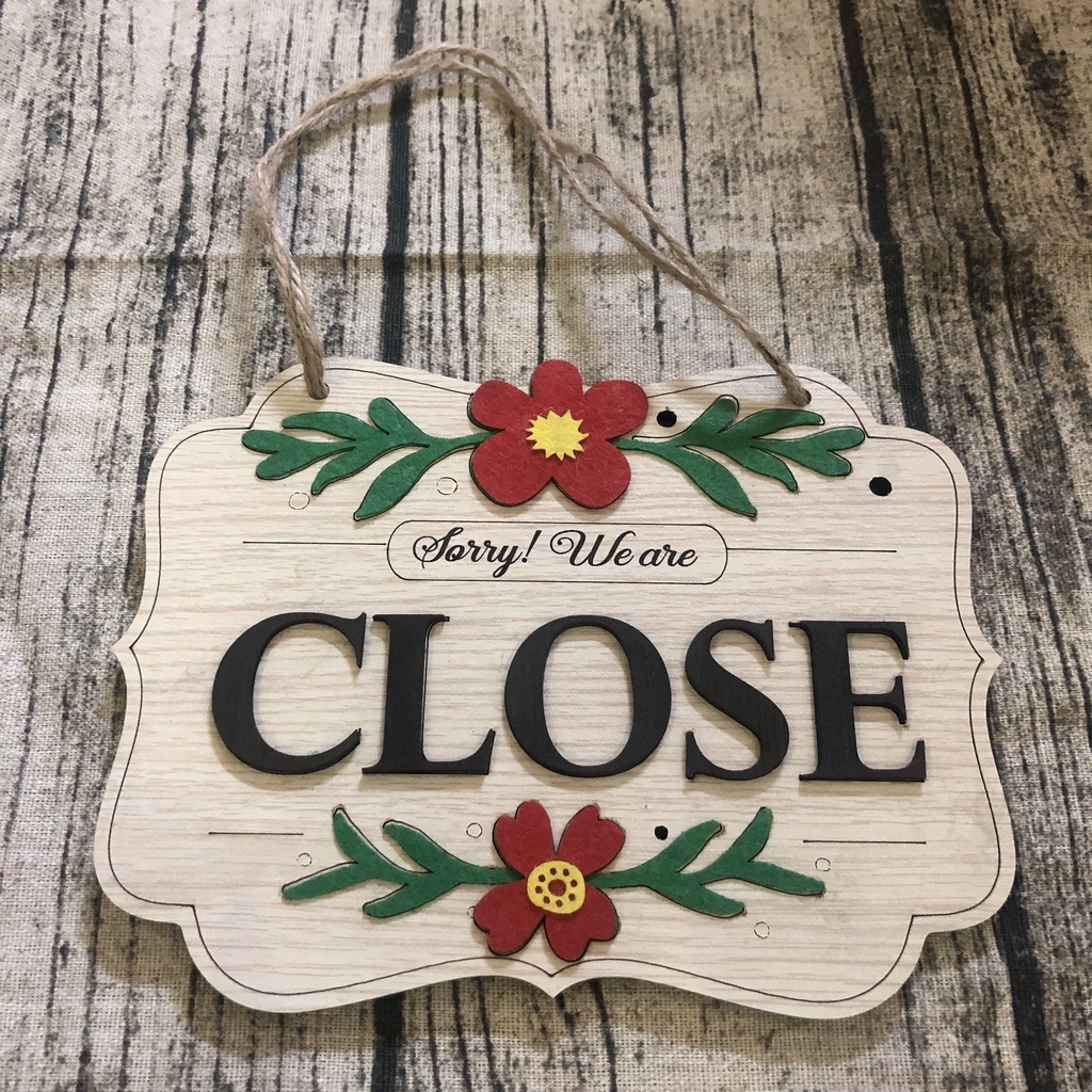 Bảng gỗ trang trí, bảng gỗ treo cửa 2 mặt chữ Open Close thông báo đóng cửa, mở cửa hàng hình hoa đỏ