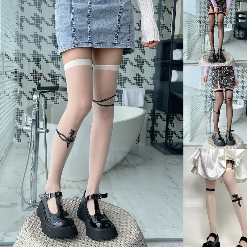 XIXI Tất Lụa Trong Suốt Dài Qua Gối In Hình Thanh Kiếm Phong Cách Gothic Cổ Điển Cho Nữ