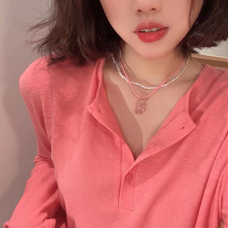 Vòng cổ Hai Lớp Đính Ngọc Trai Nhân Tạo Hình Gấu Hồng