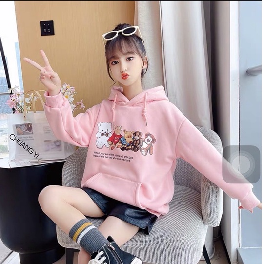 Áo hoodie unisex Babekids form rộng nỉ bé gái GẤU VÀ NHỮNG NGƯỜI BẠN thời trang thu đông trẻ em từ 4 đến 10 tuổi