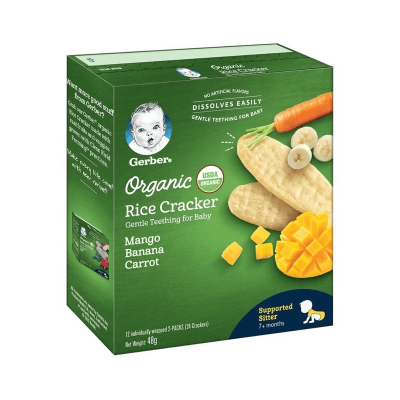 (2023) bánh gạo hữu cơ Gerber Organic hộp 48g vị xoài chuối cà rốt, bánh Gerber vị đào chuối