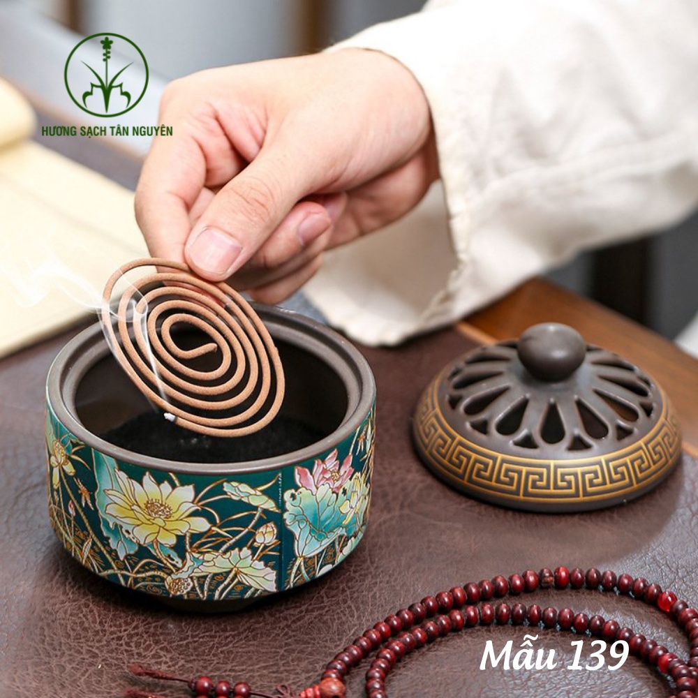 Lư hương đốt trầm, lư trầm hương bằng gốm sứ cao cấp, họa tiết nổi tinh xảo