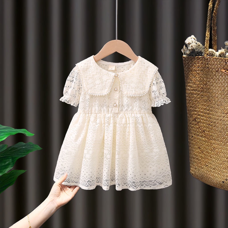 Đầm công chúa phối ren lưới màu trắng mới thời trang mùa hè Hàn Quốc cho bé gái