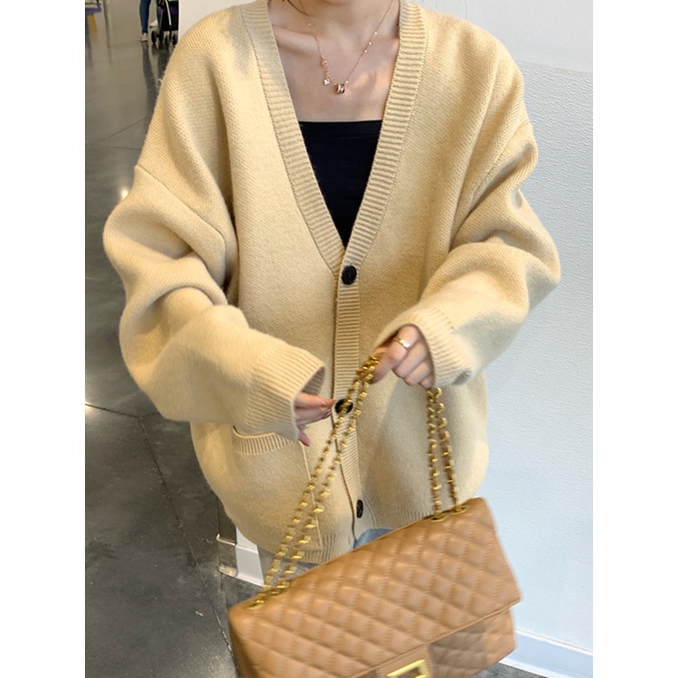 ZHELIHANGFEI Áo Cardigan Dệt Kim Tay Dài Cổ Chữ V Thiết Kế Dáng Rộng Thoải Mái