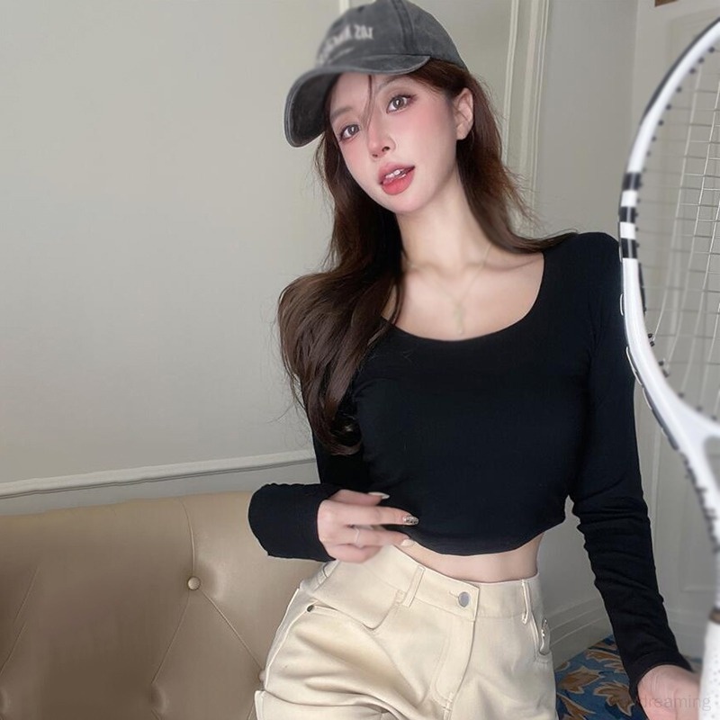 Áo Thun Croptop Tay Dài Cổ Vuông Dáng Ôm Thời Trang Mùa Thu Phong Cách Hàn Quốc Cho Nữ