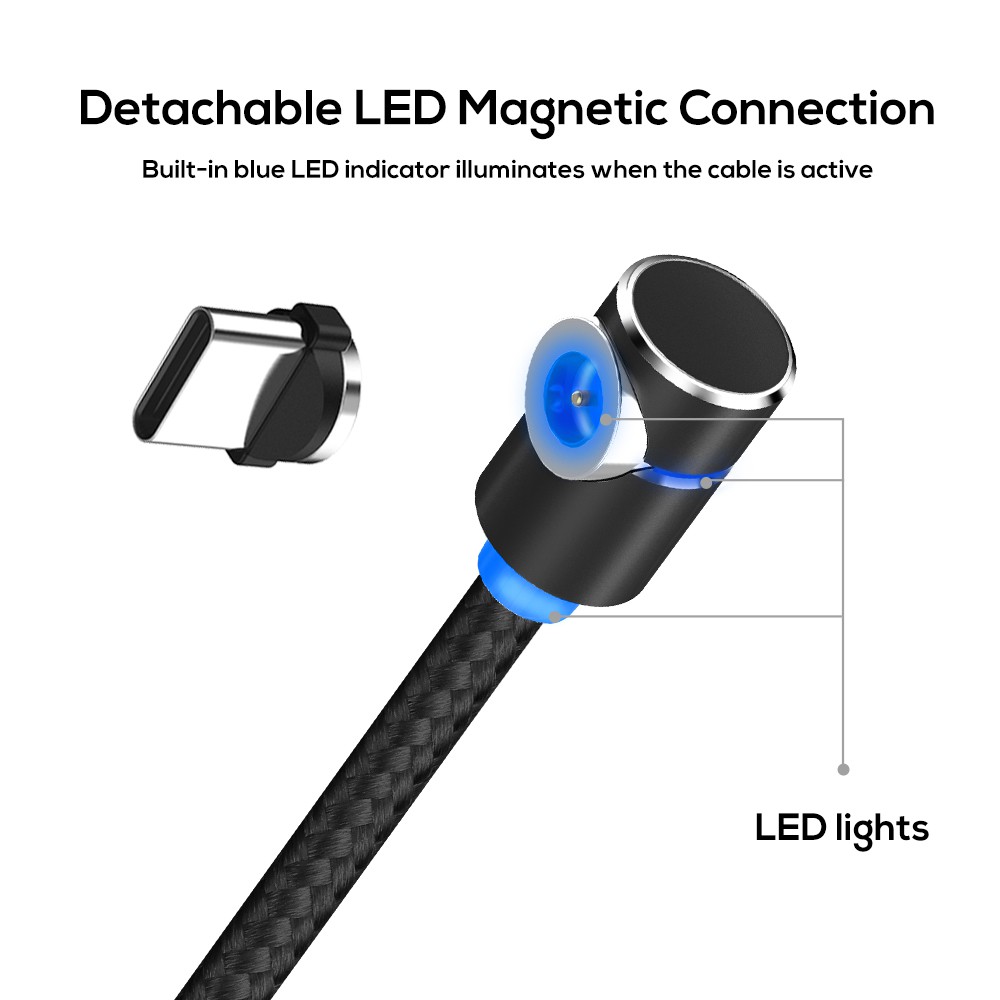 Dây cáp sạc và chuyển đổi dữ liệu dài 1/2m 90 độ có nam châm USB type C làm từ nylon tích hợp đèn LED tiện dụng