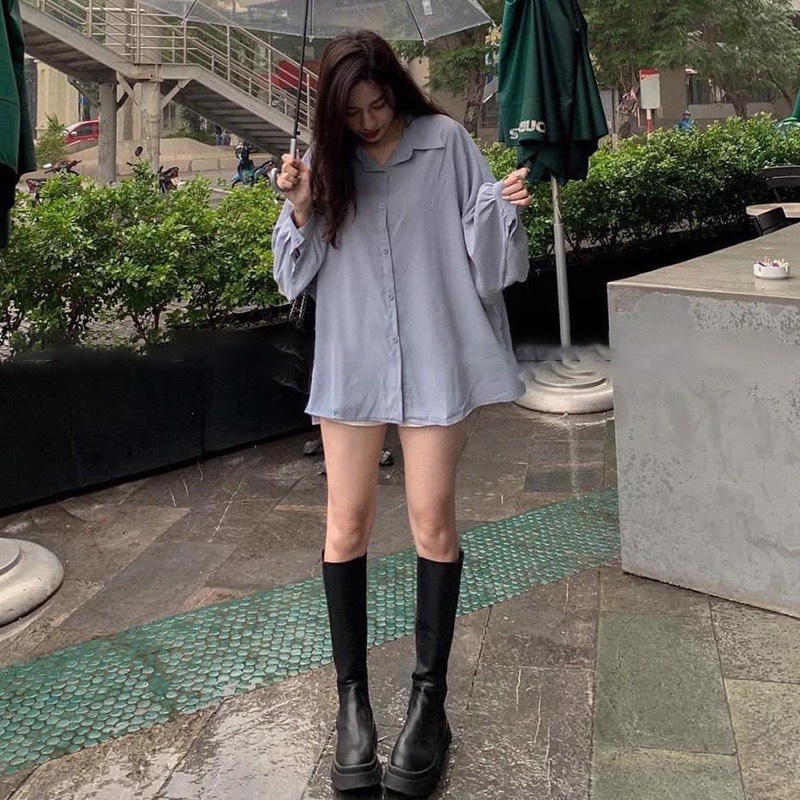 Áo sơ mi nữ LOZADO áo sơ mi tay dài phồng form thụng dáng trơn basic thoải mái dễ mặc nữ tính - A633