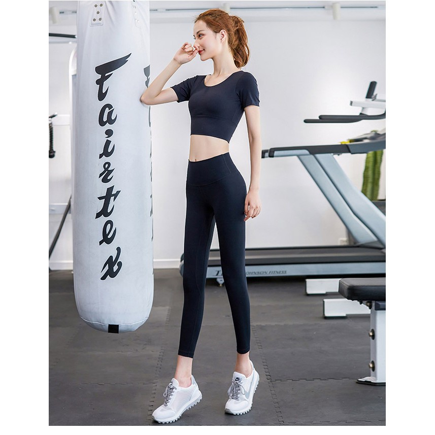 Bộ tập thể thao BN09 áo cộc tay Crop top đan dây sau quần dài tập gym,yoga, erubic ...Hàng VNXK