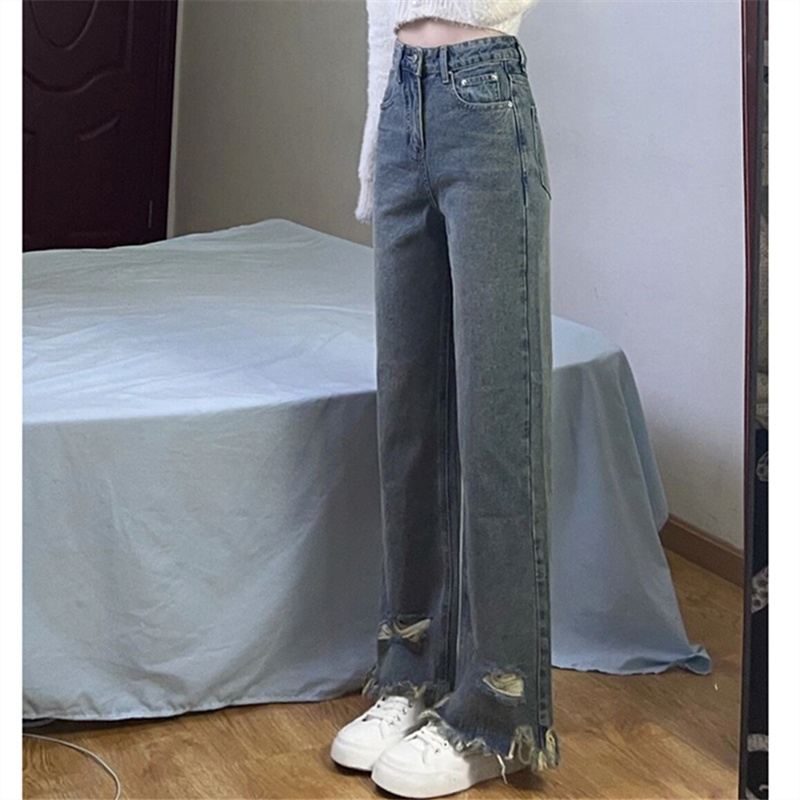 Quần Jean Lưng Cao Ống Suông Rộng Phối Rách Size Xs-2XL Phong Cách retro Mỹ Cho Nữ