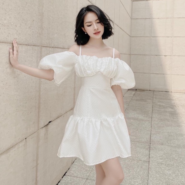 Đầm trắng hai dây đi dự tiệc cưới thiết kế tay phồng, dáng xòe xinh xắn (kèm ảnh feedback khách hàng)