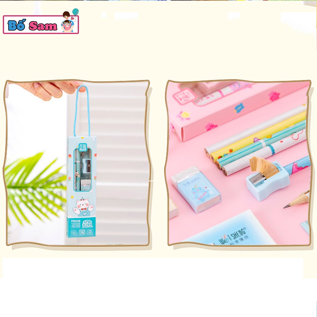 Set 4 chi tiết thước kẻ, bút chì, gọt bút, tẩy có hộp quai đeo đi học cho bé Shop Bố Sam