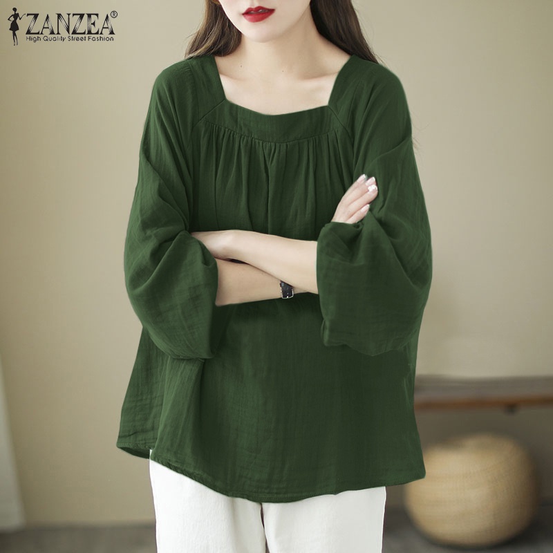 Áo kiểu ZANZEA vải cotton tay dài cổ vuông thiết kế xếp nếp thời trang cho nữ