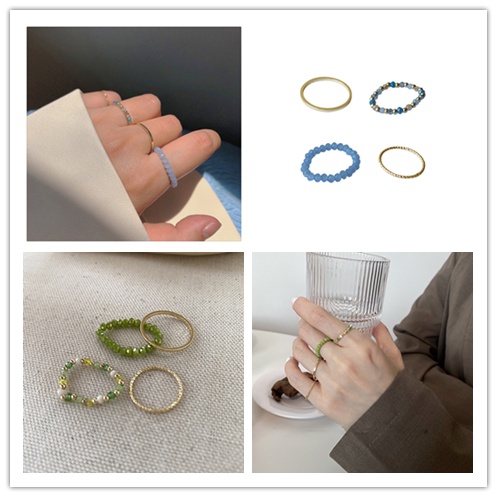 Cod Qipin Bộ 4 Nhẫn Kim Loại Xỏ Hạt Pha Lê Nhiều Màu Sắc Trang Sức Thời Trang Làm Quà Tặng Cho Nữ