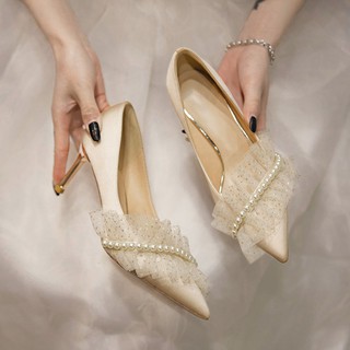 T1-47 giày cao gót mũi nhọn đính nơ hạt cườm gót nhỏ giày cưới giày công sở mẫu mới