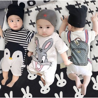 Bộ Áo Liền Quần Tay Ngắn In Hình Dễ Thương Dành Cho Bé Trai Và Bé Gái 3-12kg