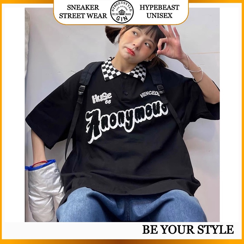 Áo thun Polo cổ bẻ Caro Boin thêu xù ANONY, Polo from rộng unisex vải thun da cá cao cấp 4 chiều - Gin Store