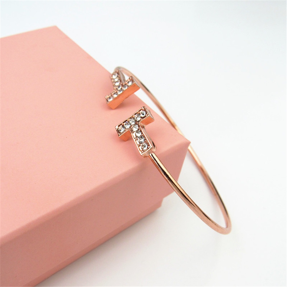 Vòng đeo tay hở hình chữ T đính đá đơn giản thời trang cho nữ