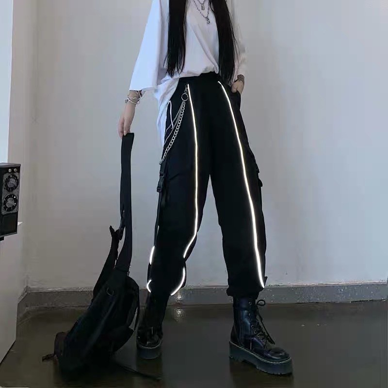 Quần kaki dáng dài Joggers chạy viền phản quang, có kèm dây xích túi hộp xịn sò