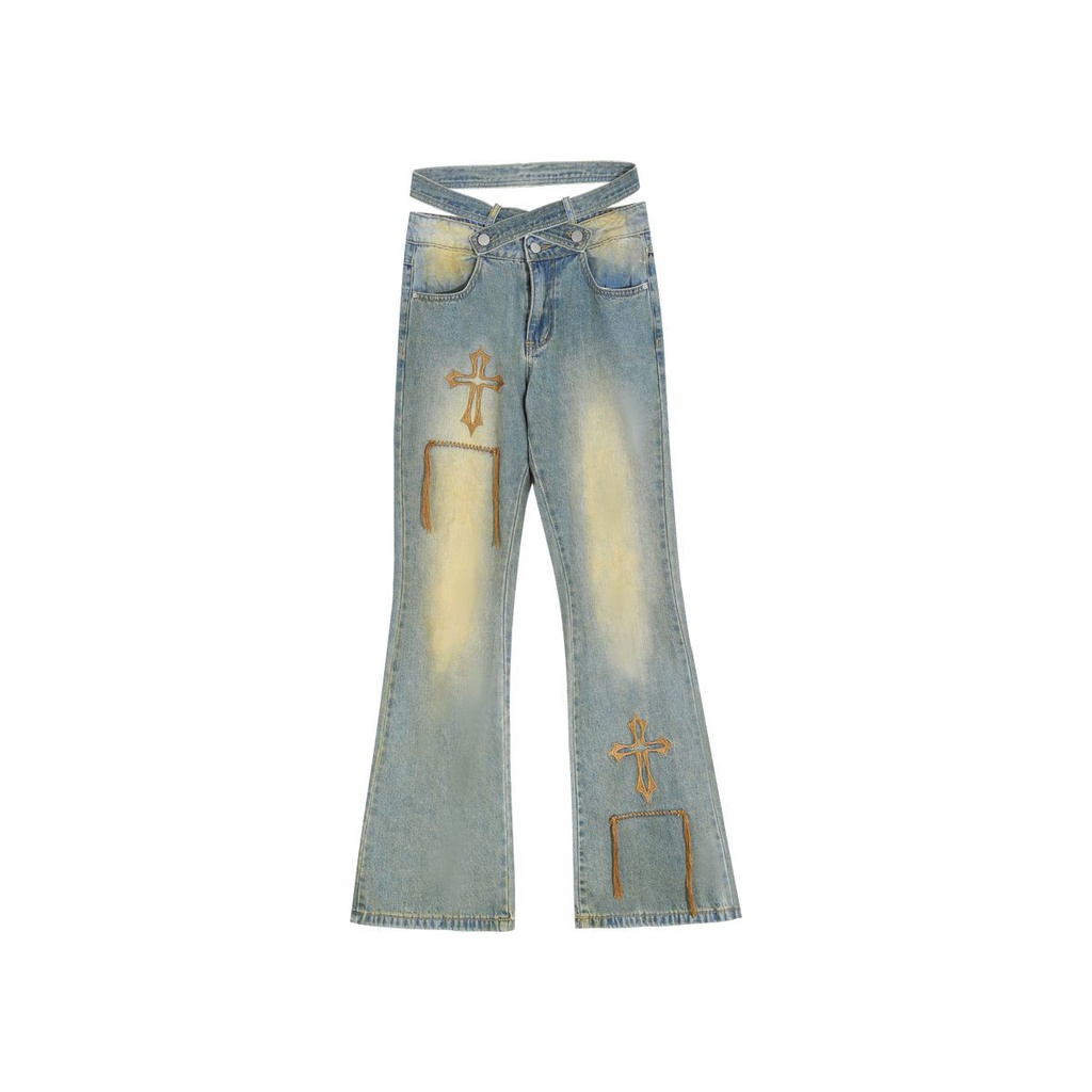 Quần Jeans Lưng Cao Ống Loe Thêu Họa Tiết Phong Cách Retro Cho Nữ