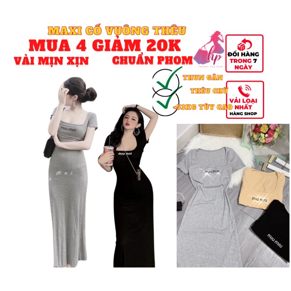 Váy đầm maxi dài nữ ôm body cổ vuông tay ngắn thun gân xịn thời trang dự tiệc sexy phong cách hàn -HP