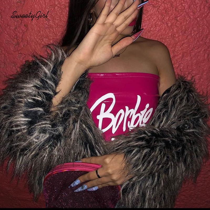 Áo Ống Ôm Sát Hở Vai In Chữ Màu Trắng Hồng Tương Phản Thời Trang 2022 Cho Nữ