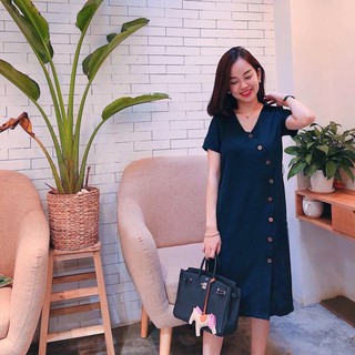Đầm sơ mi xanh đen nút xéo, váy công sở