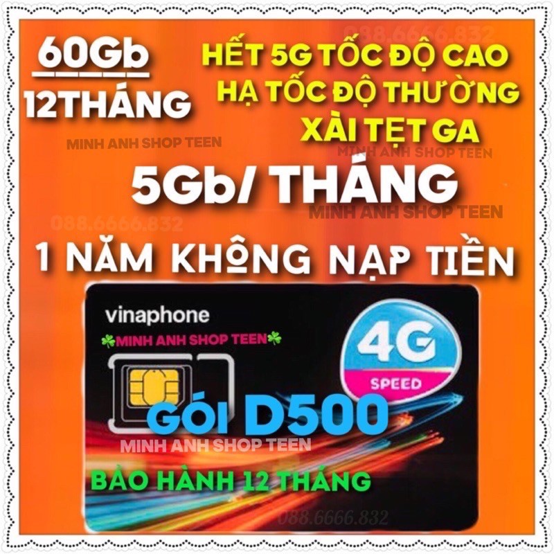 SIM VINA 4G D500 VÀO MẠNG 1 NĂM KHÔNG NẠP TIỀN 60Gb max băng thông