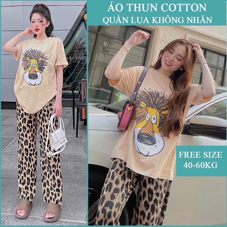 Set Đồ Bộ Mặc Nhà Nữ Áo Thun Quần Ống Rộng Freesize Họa Tiết Da Beo - Ảnh Thật
