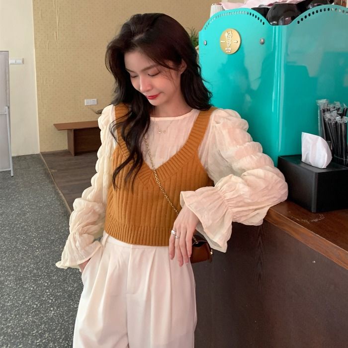 COZOK Set áo sơ mi voan tay dài và áo len không tay phong cách Hàn Quốc