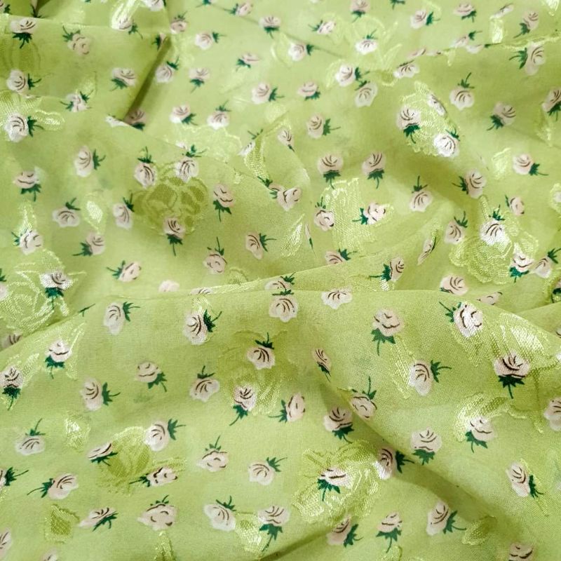 Voan tơ ép hoa nổi xanh cốm