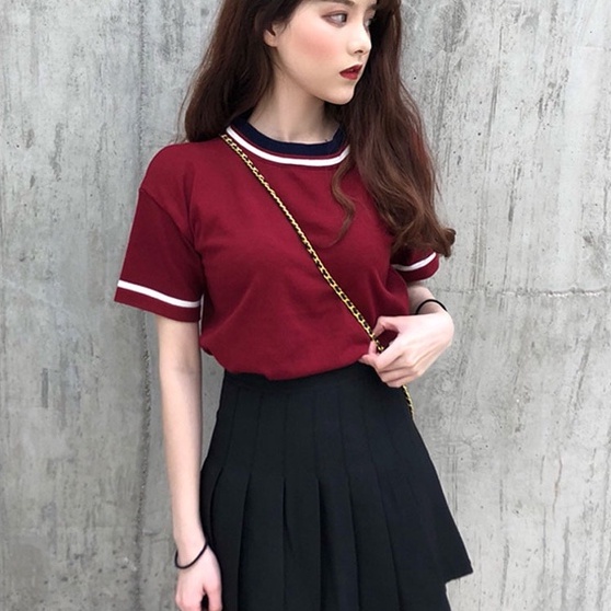 Áo thun ZHELIHANGFEI dệt kim tay ngắn màu sắc tương phản phong cách vintage sành điệu