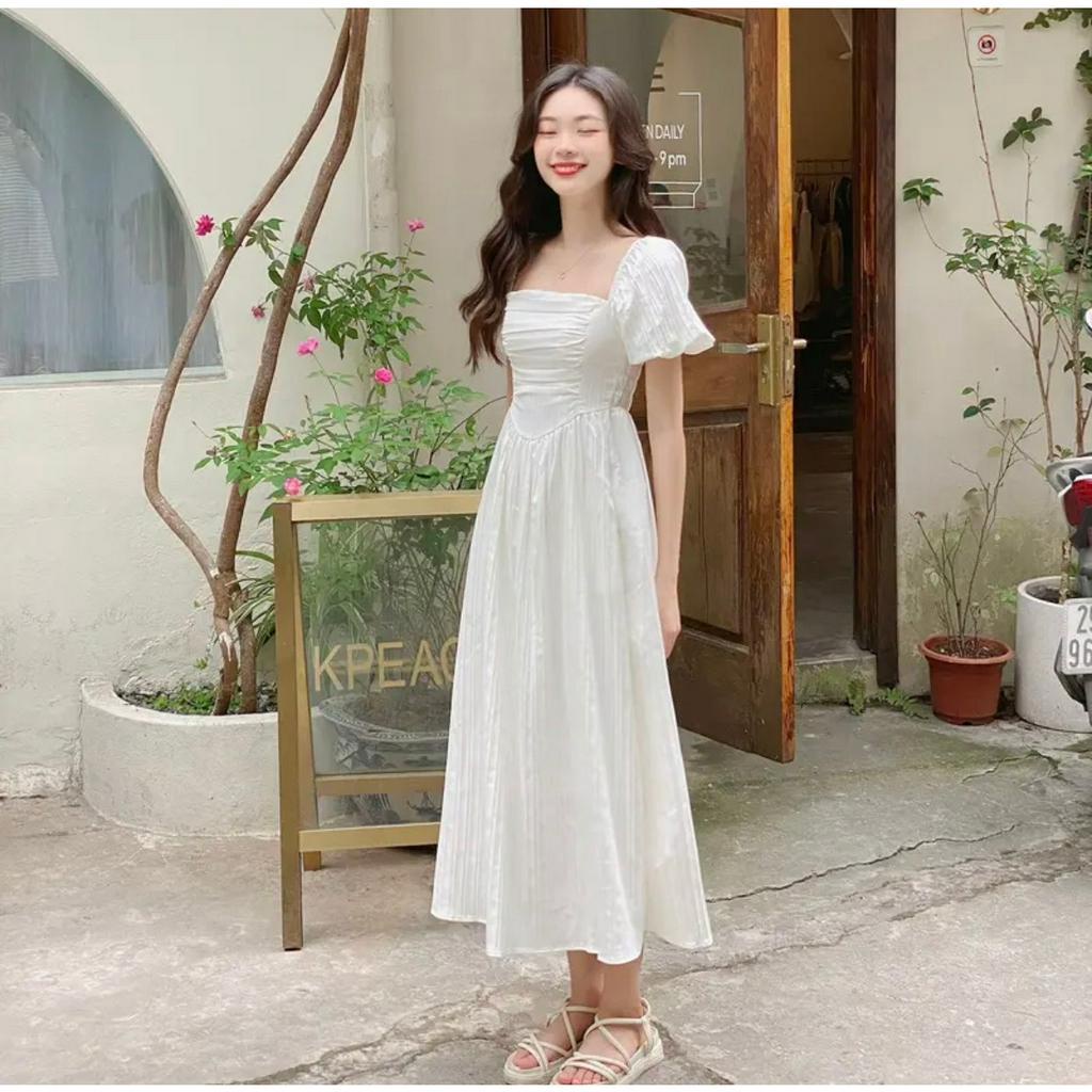 D41 Đầm Babydoll Tay Phồng Xòe 21ROOM Dáng Dài Màu Trắng Nữ Xếp Ly Ngực Phong Cách Hàn Quốc Tiểu Thư