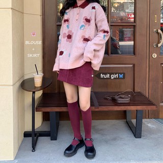 (ORDER) Set áo len cổ bẻ POLO họa tiết phối màu + Chân váy dáng chữ A style vintage