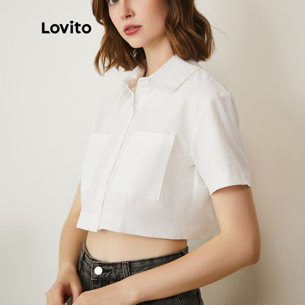 Lovito Áo cánh cắt cổ có túi trơn đơn giản L24AD028 (Trắng)