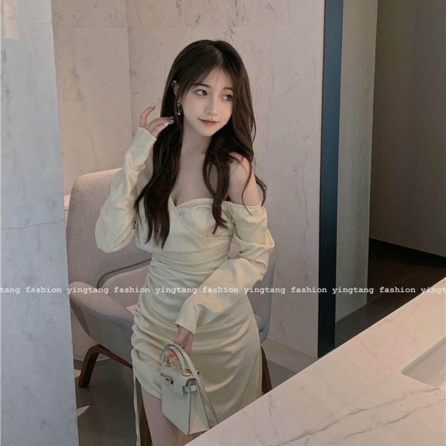 Váy body lệch vai rút dây cạnh