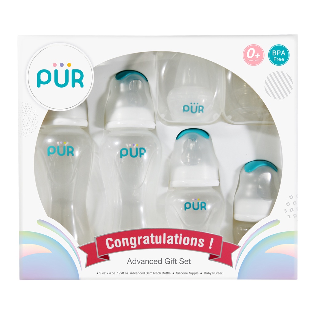Bộ quà tặng Bình sữa Pur Advanced Feeder cổ thường  60ml, 125ml, 250ml + Tặng 1 gói tã bỉm cho bé