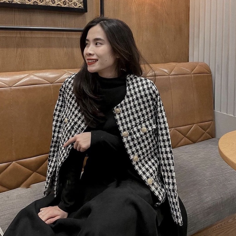 Áo khoác dạ nữ FM Style hoạ tiết caro nút ngọc thời trang sang chảnh tiểu thư 211221001 | BigBuy360 - bigbuy360.vn