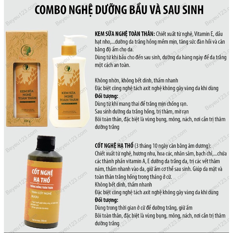 COMBO Nghệ dưỡng toàn thân cho bầu và sau sinh Wonmom (1 Kem sữa nghệ toàn thân + 1 Cốt nghệ hạ thổ)