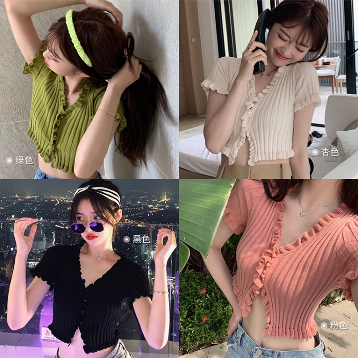 Áo Croptop dệt kim tay ngắn Jennie BLACKPINK điệu đà thời trang vintage