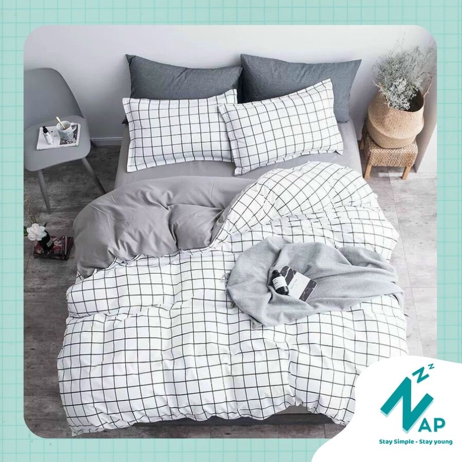 Bộ 4 Món Vỏ Chăn Ga Gối Cotton 80% Caro Trăng Ga Xám Dày Bền Cao Câp Size m6/m8/2m