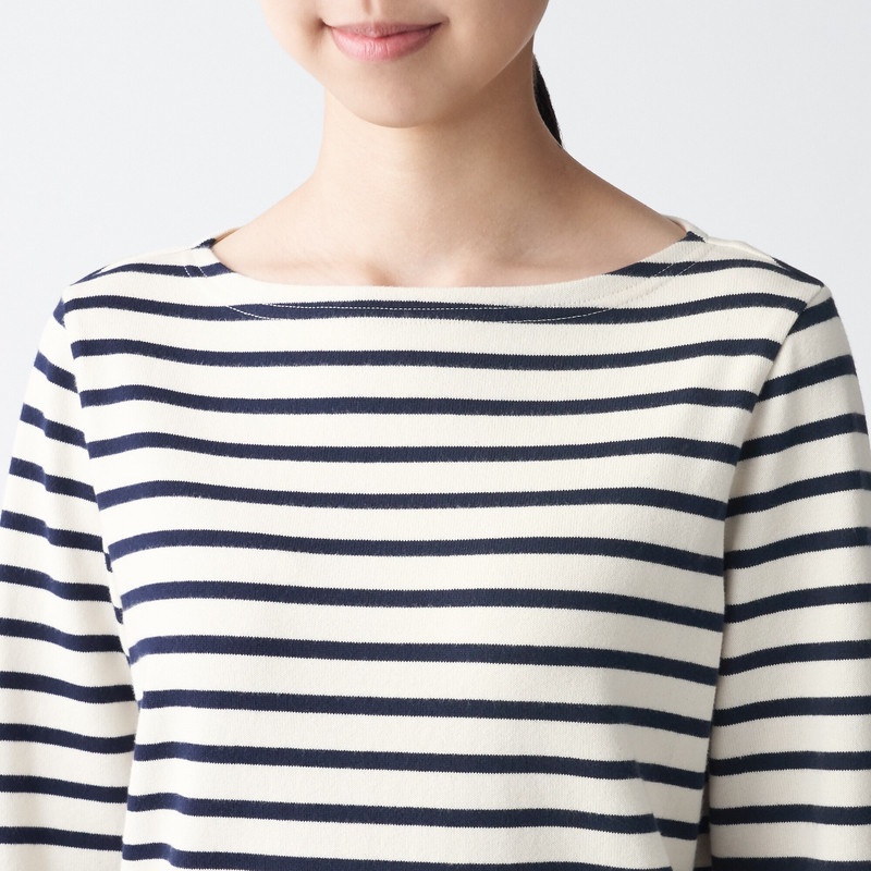 Muji Áo Thun Vải Jersey Sợi Dày Dài Tay-Sọc