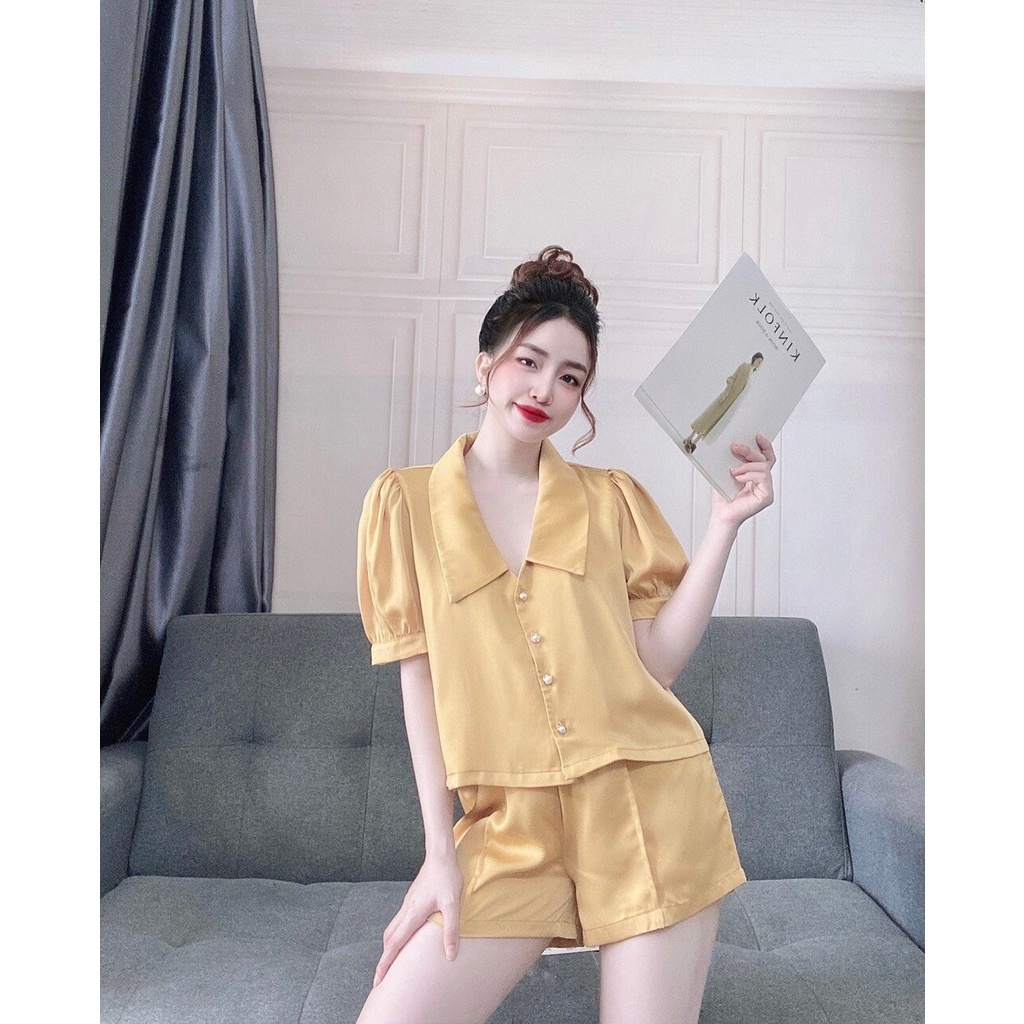Pijama nữ, đồ ngủ nữ mặc nhà kiểu pijama cổ cách điệu tay ngắn, chất lụa satin đẹp, ít nhăn phom rộng dưới 56kg | BigBuy360 - bigbuy360.vn