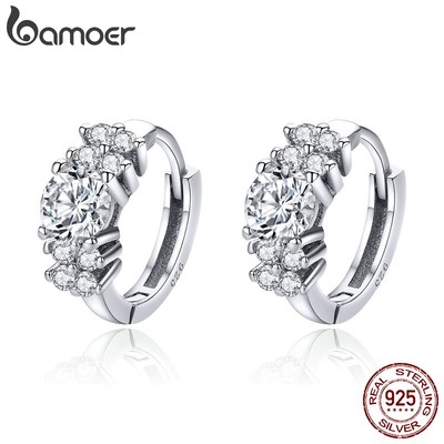 Khuyên tai vòng tròn Bamoer bạc 925 khảm đá pha lê trong suốt